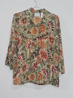 Alfred Dunner Women's Blouse Size 12 Floral Abstract Button Front 3/4 Sleeve Sag